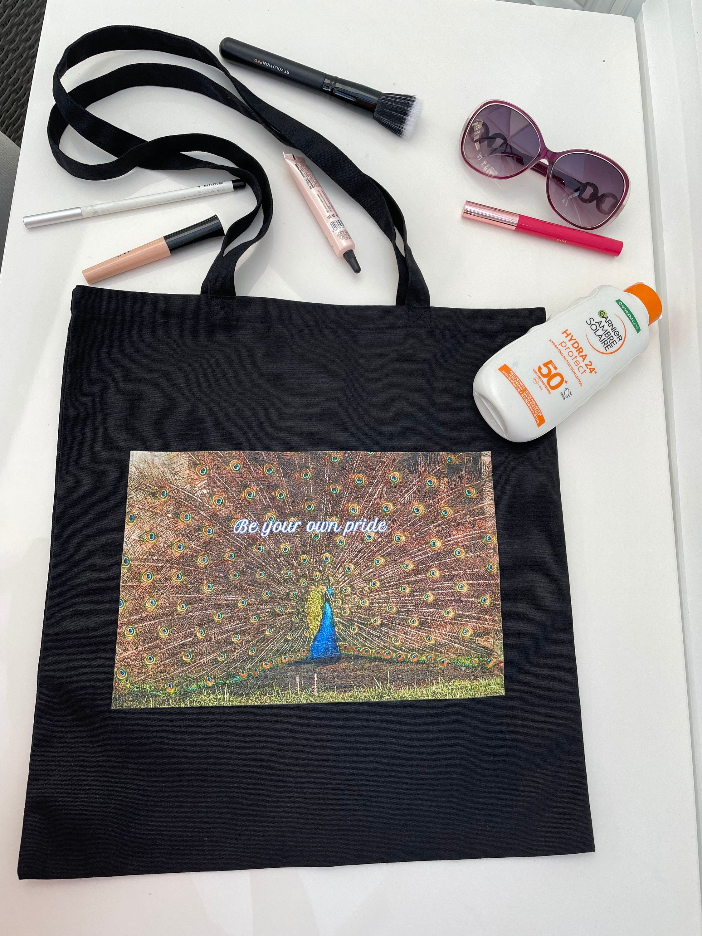Black Tote Bag| Be your own pride| Peacock tote bag