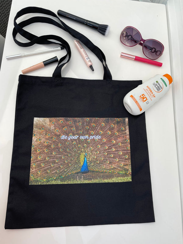 Black Tote Bag| Be your own pride| Peacock tote bag