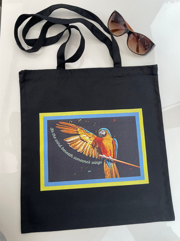 Black Tote bag| Be the wind beneath someone's wings| Macaw tote bag
