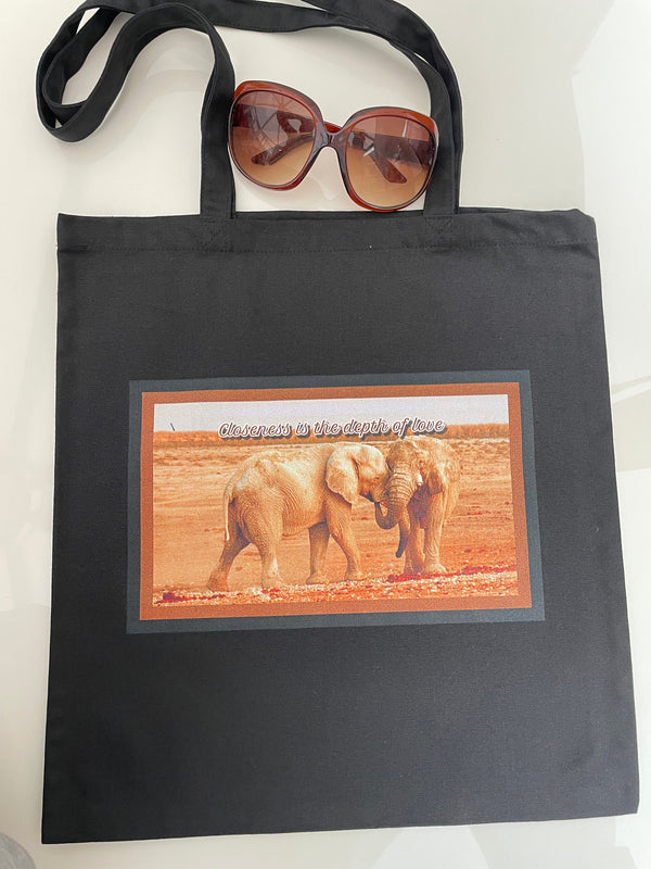 Black tote bag| Closeness is the depth of love| Elephant tote bag