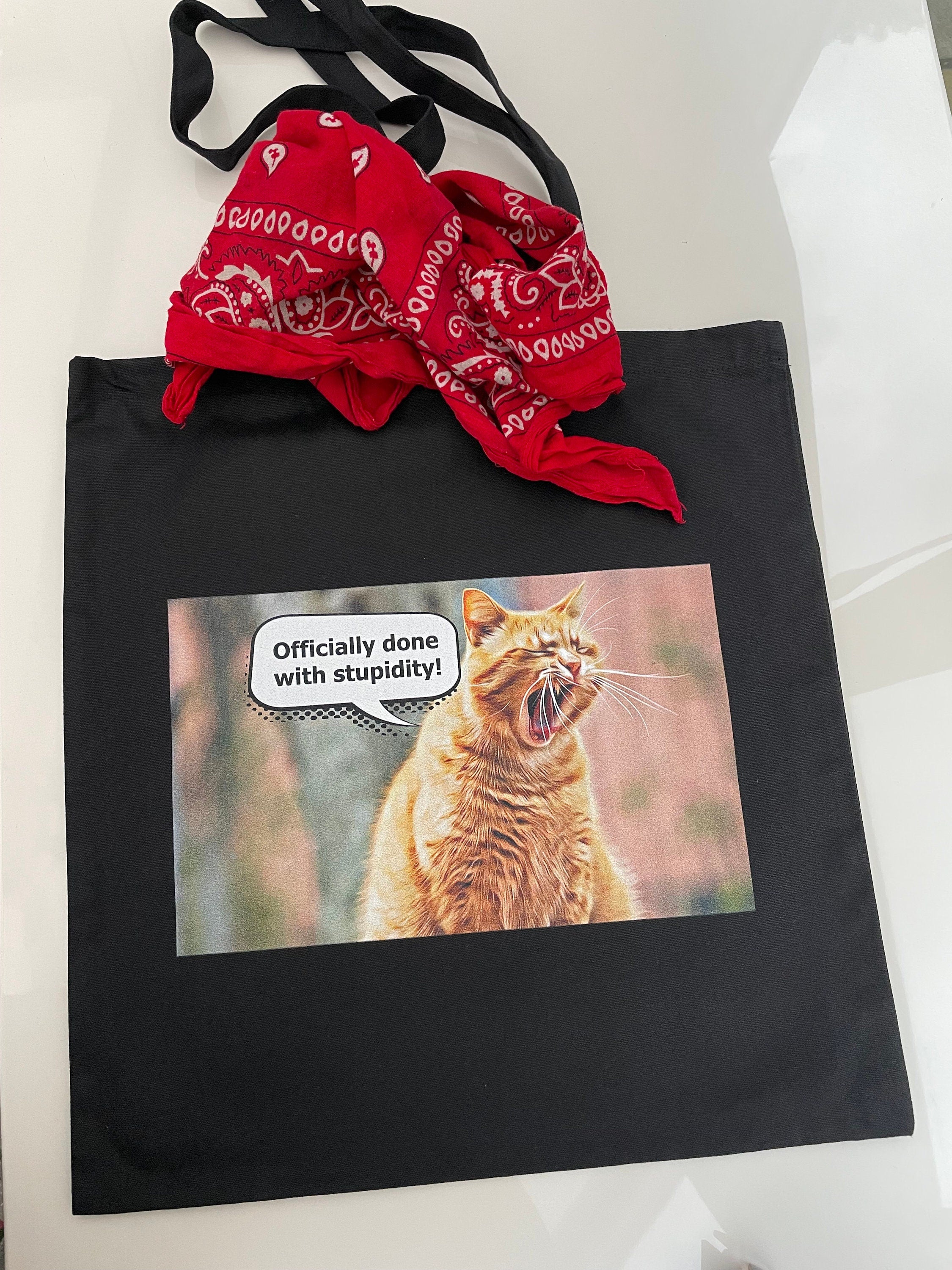 Black Tote bag| Officially done with stupidity| funny cat tote bag